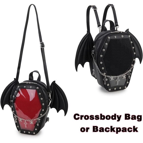 Gothic Coffin Shape Pvc Bag for Women Halloween Shoulder Backpack - Picture 5 of 9